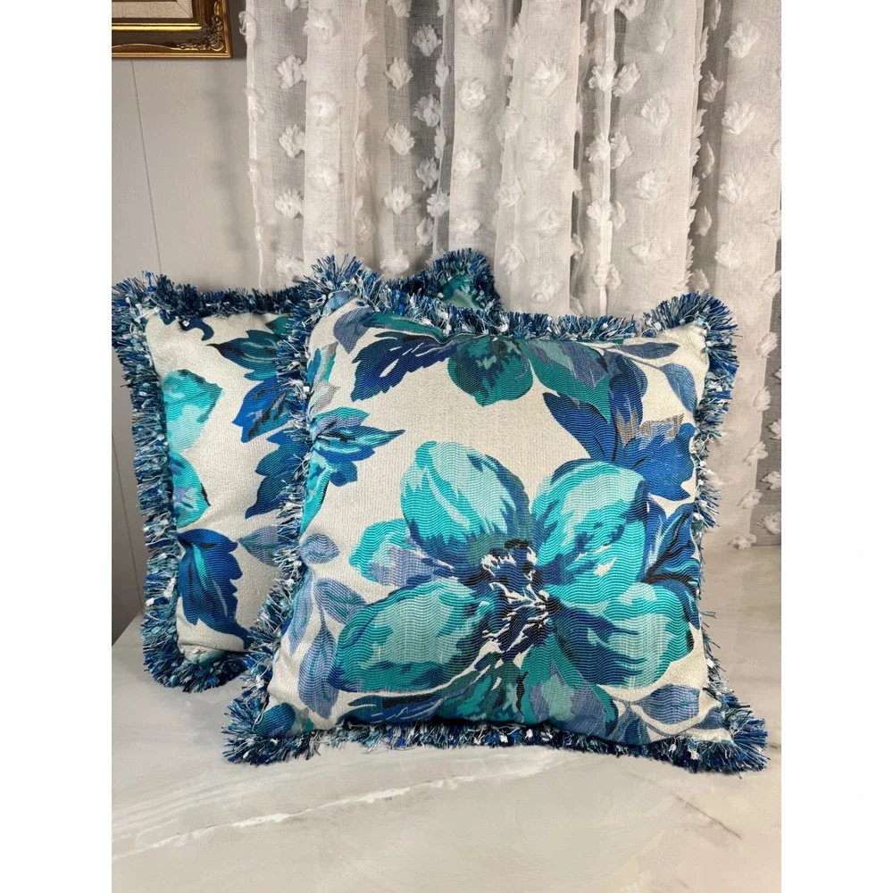 Pier 1 Throw Pillows White Blue Floral Fringed Set of 2 18